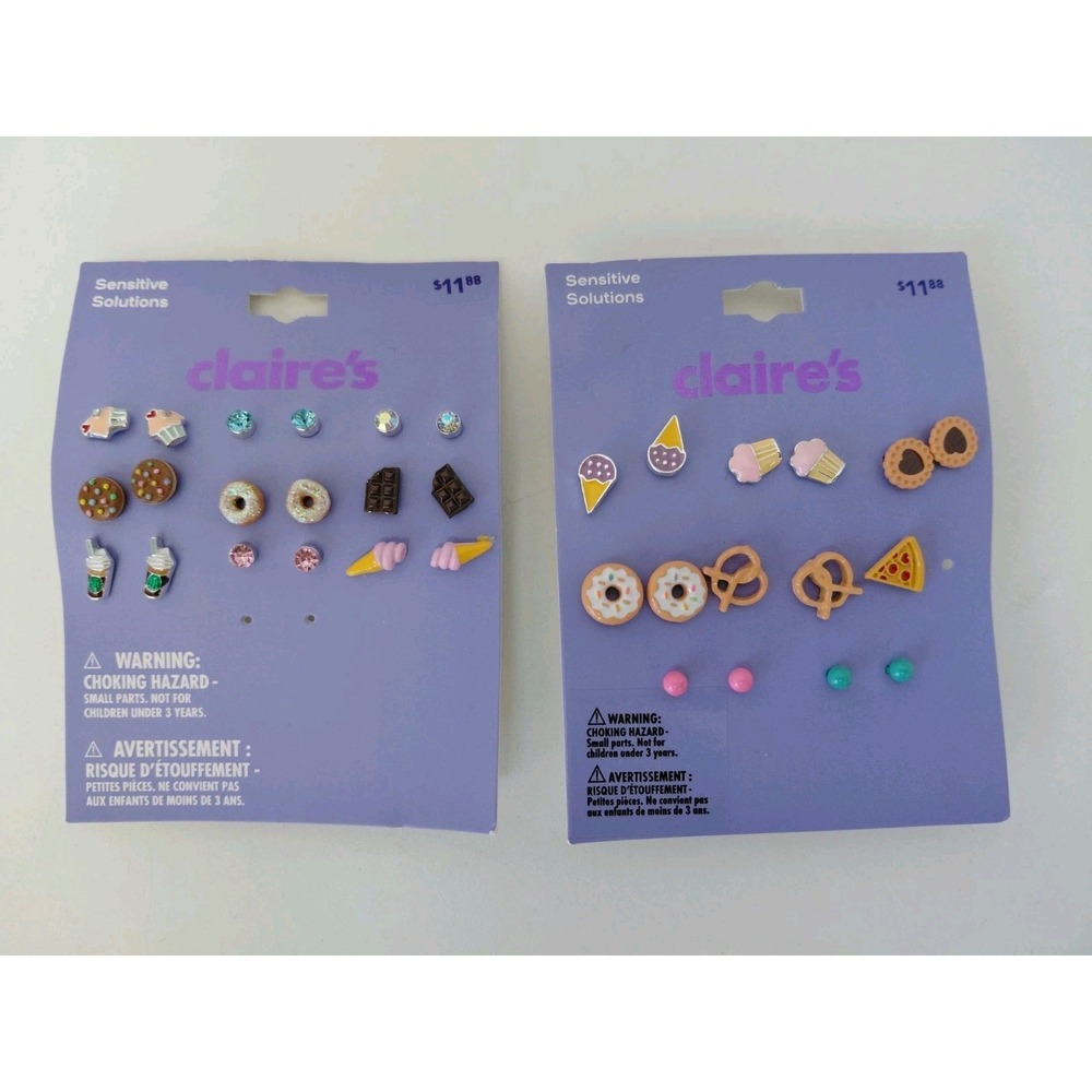 Claire's‎ Sensitive Solutions 2 pack 16 Pairs Fun Snacks Stud Earrings, NWT READ